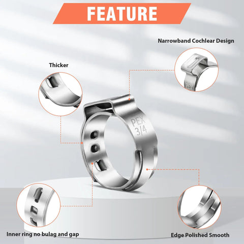 Infographic showing 120 Pcs Three Quarters Inch PEX Cinch Clamps Rings, 304 Stainless Steel design features such as thicker and polished edges.