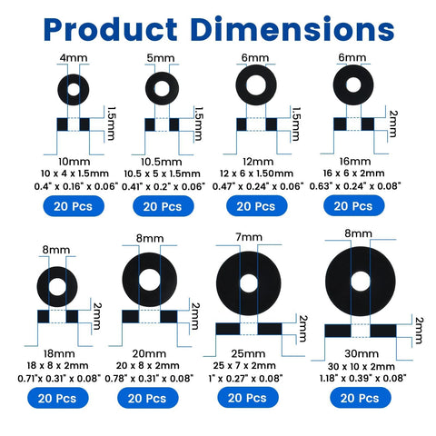 Diagram of Flat Rubber Washers Set 160 Pcs 8 Sizes 10 To 30mm Heavy Duty Black Rubber Washers dimensions for bolts and plumbing