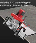 Heavy Duty 1800 Watt Electric Tile Bevel Cutter With 43 Degree Chamfering And Water Cooled Setup For Flawless Ceramic Cuts showing 43° chamfer feature on ceramic tile.
