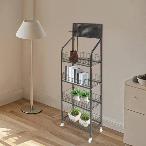 Heavy Duty 4 Tier Wire Shelving Storage Rack With Tough As Nails Metal Shelves And Raised Edge Baffles in home setting.