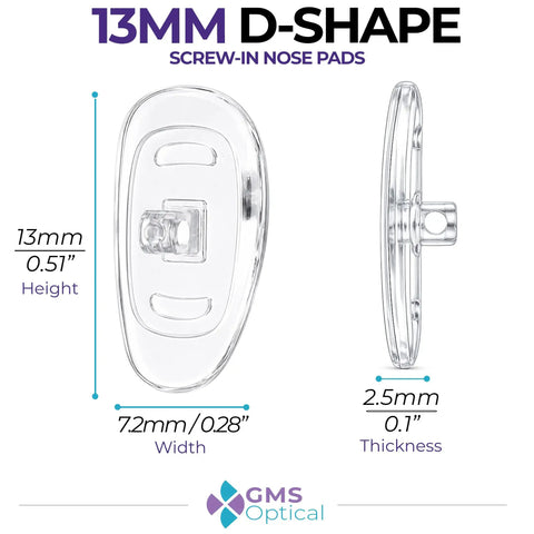 D Shape Silicone Screw In Nose Pads For Glasses 13MM Small 10 Pairs, clear silicone pad showing dimensions and screw hole.