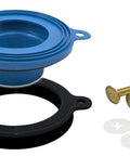 Wax Free Universal Toilet Seal Gasket Fits 3 Inch Or 4 Inch Drains With Stackable Seal And Slide On Spacer Brass Hardware For No Mess Install On Uneven Floors, showing blue and black gasket parts with brass bolts.