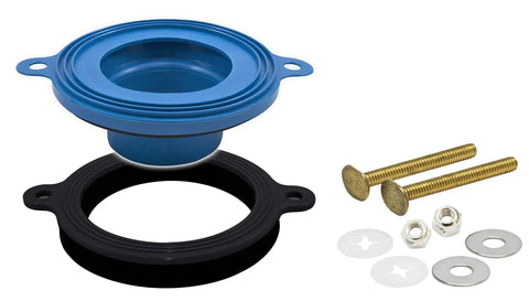Wax Free Universal Toilet Seal Gasket Fits 3 Inch Or 4 Inch Drains With Stackable Seal And Slide On Spacer Brass Hardware For No Mess Install On Uneven Floors, showing blue and black gasket parts with brass bolts.