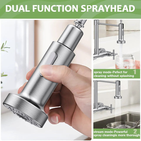 Rock Solid Wall Mount Kitchen Faucet With Smooth Dual Handles And No Fuss Two Function Spray For Laundry Or Commercial Sinks Built Tough From Lead Free Brushed Nickel Stainless Steel, dual function spray head in hand.