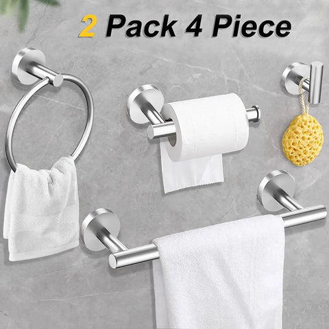 Brushed Nickel 10 Piece Bathroom Accessories Set Includes 16 Inch Towel Bar Towel Ring Toilet Paper Holder Robe Hook And More SUS304 Stainless Steel Hardware For Dual 5 Piece Sets displayed on bathroom wall.