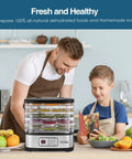 Father and son with Top Shelf 5 Tray Electric Food Dehydrator Boasting A Slick Digital Led Touchscreen And Intuitive Temp Timer.