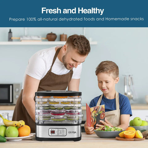 Father and son with Top Shelf 5 Tray Electric Food Dehydrator Boasting A Slick Digital Led Touchscreen And Intuitive Temp Timer.
