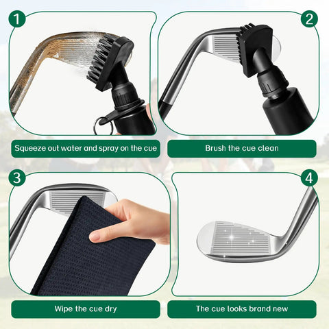 Steps using All In One Golf Towel And Club Brush Cleaning Kit With Water Bottle 16x16 Premium Microfiber Towel Grab And Go Clip