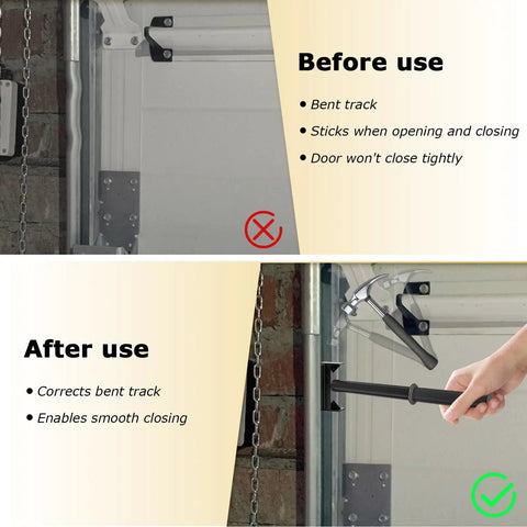 Before and after use of Heavy Duty Garage Door Vertical Track Repair Tool With Anvil Design for track alignment.
