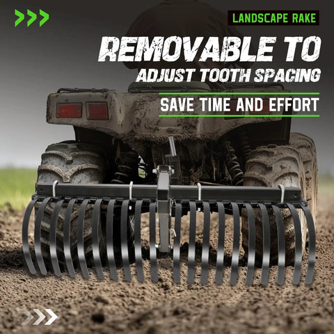 Heavy Duty ATV UTV Landscape Rake Implement For Rock Removal Grass Clumps And Debris Prep For Seeding with adjustable teeth