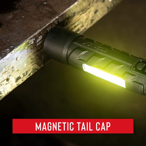 Polysteel 700 LED Flashlight 800 Lumens showing magnetic tail cap attached to metal surface for hands-free use
