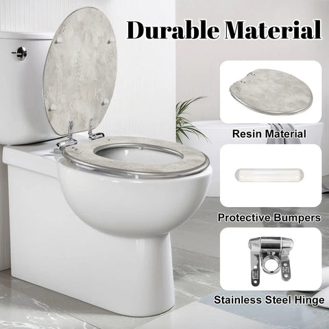 Elongated Concrete polished abstract silver grey grunge Toilet Seat shown on a white toilet with open lid and stainless steel hinges.