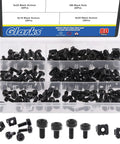 Badass M5 M6 Cage Nuts Kit With Screws Contains 80 Pieces Of Heavy Duty Black Fasteners in storage container, showing various black nuts and screws.