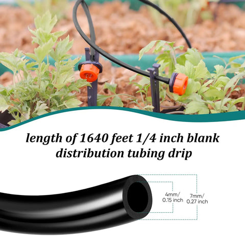 1640 Feet One Quarter Inch Drip Irrigation Tubing Kit For Garden And Lawn No Fuss Setup with tubing detail and plants