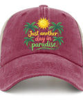 Wine Red Dope Adjustable Summer Trucker Cap For Women with "Just another day in paradise" text and sun design on front panel.