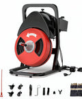 Fifty Foot Heavy Duty Electric Drain Cleaner Machine With Motorized Auto Feed Sewer Snake Auger displaying 50ft cable and swappable cutters.