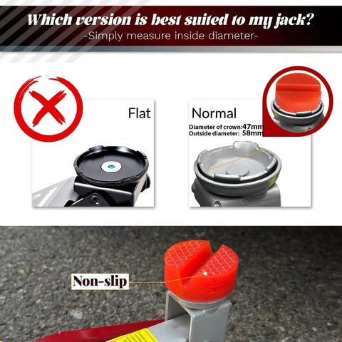 Beefy Heavy Duty Polyethylene Jack Pad Set For Trolley Floor Jacks showing non-slip two-pack red protective pads on jacks