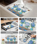 Hydrangea Pattern Dish Drying Mat for Kitchen Counter 16x18 Inches Two Sizes Available, shown absorbing water on counter.