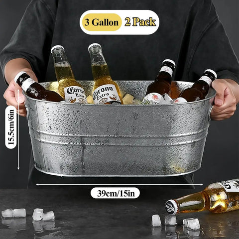Person holding Two Pack Galvanized Tub Ice Buckets Set Of Two Large Metal Beverage Buckets With Carry Handles For Parties