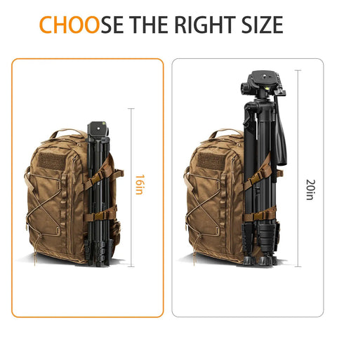 Two backpacks showing 16in and 20in tripods; 60 Inch Lightweight Travel Camera Tripod For Canon And Nikon DSLRs With Wireless Remote