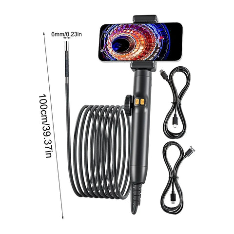 Heavy Duty Borescope Camera With Bendable Endoscope Lens For Tight Squeeze Diagnostics And Real Time Video Feed showcasing 6mm lens and 1m cable.