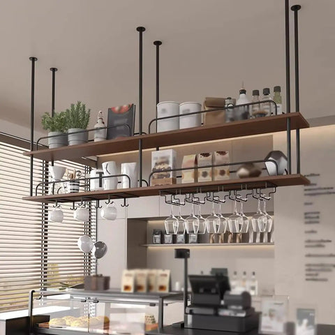 Industrial Dope Two Tier Ceiling Mount Wine Rack With Glass Holders For Home Bar Or Restaurant, Iron And Wood Display Shelf, Built To Last