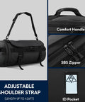 45L Black Duffle Backpack Carry On Travel Duffle Bag With Shoe Compartment Converts To Duffle Backpack Or Shoulder Bag For Camping And Weekend Trips Durable Go To Gear For Any Adventure, shown with adjustable shoulder strap and comfort handle