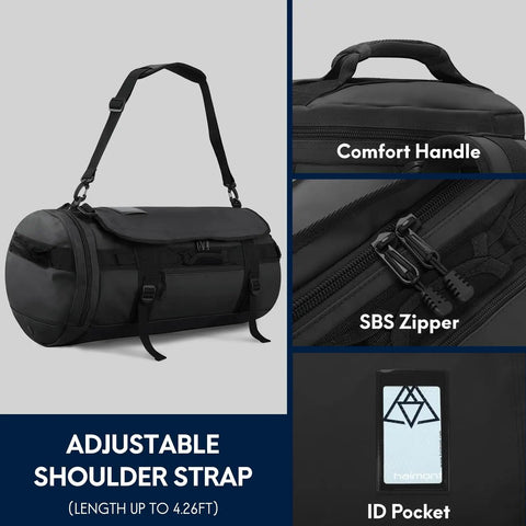 45L Black Duffle Backpack Carry On Travel Duffle Bag With Shoe Compartment Converts To Duffle Backpack Or Shoulder Bag For Camping And Weekend Trips Durable Go To Gear For Any Adventure, shown with adjustable shoulder strap and comfort handle