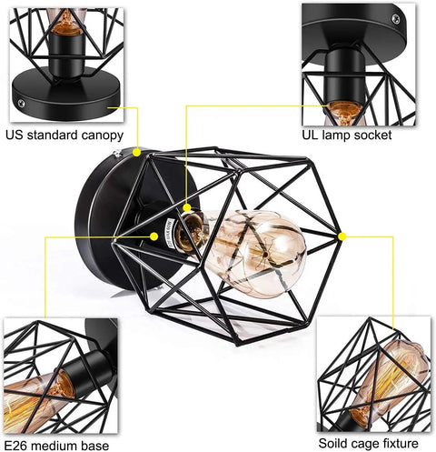 Retro Black Industrial Semi Flush Mount Ceiling Light Fixture E26 E27 Cage Style with metal cage and bulb details