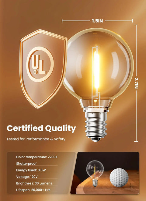 G40 LED Replacement Bulbs 25 Pack, E12 Base, 2200K Warm White, Shatterproof And Waterproof, Dimmable 1.5 Inch Globe Bulbs For Indoor Outdoor Patio Backyard Home Lighting