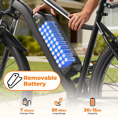 Close-up of Beast Mode 1500W Peak Electric Bike removable battery with 80 mile range and 26 inch tires, ideal commuter e-bike