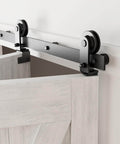 Two Door Bi Folding Sliding Barn Door Hardware Kit 42 Inch Black Track Top Mount Rollers shown installed on wood door