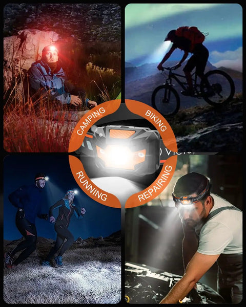 Collage of 2 Pack Ultra Bright LED Headlamp With 1100 Lumens in use for hiking, biking, running, and repairs, featuring waterproof design.