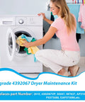 Woman using front-load dryer to highlight Upgraded 4392067RC Dryer Repair Kit With WPW10314173 Drum Roller, 661570V Belt, And 279640 Idler Pulley.