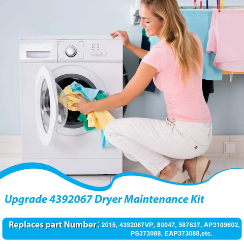 Woman using front-load dryer to highlight Upgraded 4392067RC Dryer Repair Kit With WPW10314173 Drum Roller, 661570V Belt, And 279640 Idler Pulley.