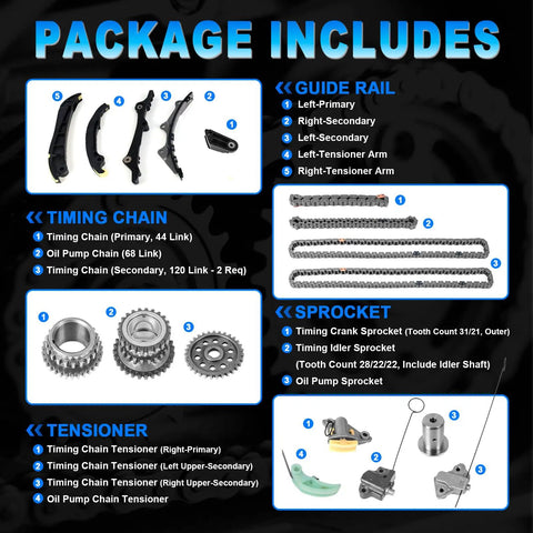3.6L Pentastar Timing Chain Kit Drop-In components guide for 2011-2016 Jeep Grand Cherokee Wrangler Dodge Charger Chrysler RAM