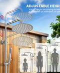 Rugged Outdoor Shower Kit With Dual Function 8 Inch Rain Showerhead And Handheld Spray Wall Mount Single Handle SUS304 Stainless Steel Brushed Nickel Finish High Pressure Setup For Garden Patio And Camping showing adjustable height features against wall.