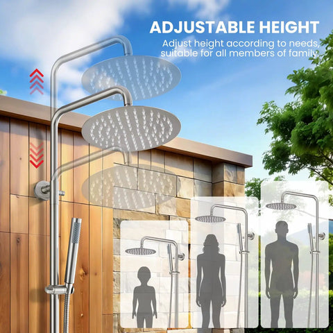 Rugged Outdoor Shower Kit With Dual Function 8 Inch Rain Showerhead And Handheld Spray Wall Mount Single Handle SUS304 Stainless Steel Brushed Nickel Finish High Pressure Setup For Garden Patio And Camping showing adjustable height features against wall.