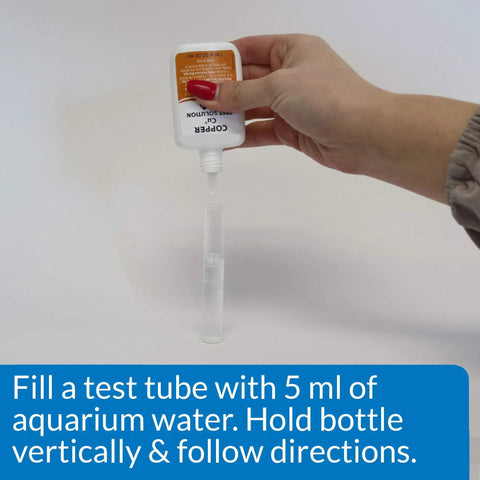 Straight Up Legit Copper Test Kit For Aquariums Using 90 Quick Liquid Drops filling a test tube with aquarium water.