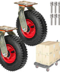 Heavy Hitter Rubber Caster Wheels With Steel Brackets And Bright Red Treaded Rim, ready for toolboxes and carts.