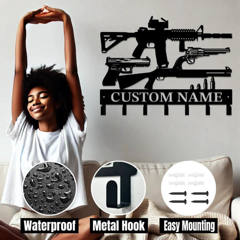 Gun Theme Wall Hooks For Keys And Clothes Personalized Cast Iron Key Holder And Coat Hanger In Matte Black Hung on Wall
