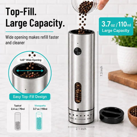 One Hand Press Electric Salt And Pepper Grinder Set With Charging Base Auto Seasoning Tool For Cooking Easy Use No Twisting Wrist Relief Cordless Rechargeable Kitchen Gadget with large capacity and easy fill design.