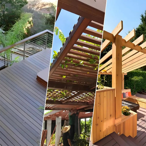 Modern outdoor deck featuring 50 Pack Number 14 X 10 Hex Head Timber Screws Heavy Duty Exterior Deck Fasteners with plants.