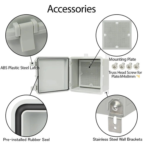 IP65 Waterproof Outdoor Junction Box With Hinged Lid, includes ABS plastic latch, mounting plate, screws, and steel wall brackets.