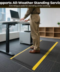 Man standing on Ergonomic Anti Fatigue Mat for Workshop 84 by 35 inches cushioned memory foam anti-slip in office setting