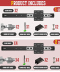 20 Inch Pocket Door Slides with Hinges Complete Installation Kit for Cabinets Space Saving Sliding System with Whisper Quiet Glide Includes 2 Pocket Door Slides 2 Clip On Hinges Drill Bit Set Screws and All Mounting Hardware with x2 slide rails, hinges, drills, and hardware in a product display.