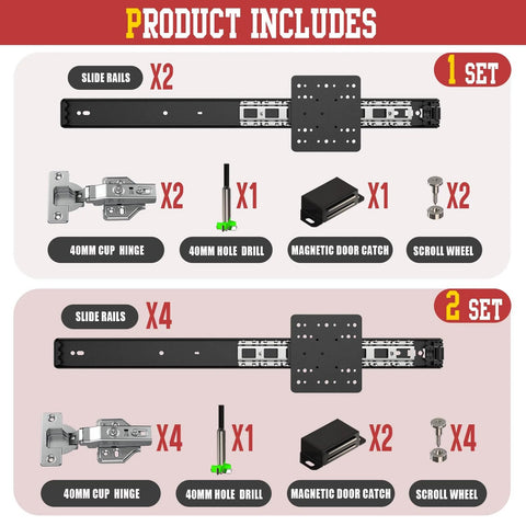 22 Inch Pocket Door Slides With Hinges For Cabinets Space Saving Sliding System Complete Installation Kit With 2 Pocket Door Slides 2 Clip On Hinges Drill Bit Set Screws And Hardware Durable Whisper Quiet Glide components shown.