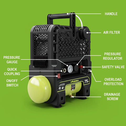 Hasienda 2 Gallon Wall Mount Air Compressor Silent Oil Free Pump 115 PSI Compact Portable Design Perfect For Garage Workspaces Nailing Woodworking And Tire Inflation With Minimalist Space Saving Build