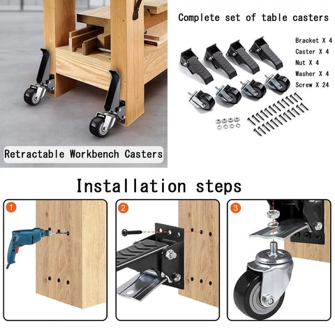 Heavy Duty Pedal Casters, Smooth Rollout Swivel Wheels For Workbenches, 65mm polyurethane step down casters with installation guide.