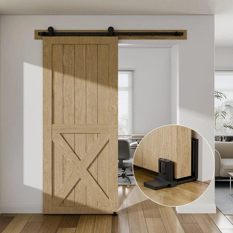 Sliding Barn Door Floor Guide Set With Adjustable U Shape Flexible Flush Design Wall Mounted Black 2 Pack Easy Peasy Install For Smooth Glide Space Saving Hardware Dual Pulley Protection, black floor guide on wood barn door